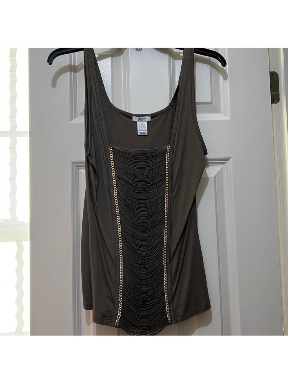 Cache Olive Green Tank Top with Gold Chain Fringe